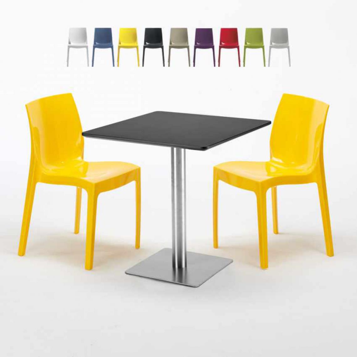 Grand Soleil - Table carrée noire 70x70 avec 2 chaises colorées Ice RUM RAISIN, Couleur: Jaune - Tables à manger
