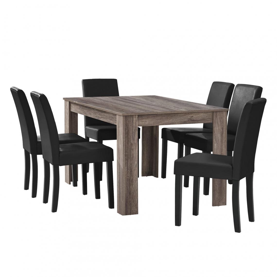 Helloshop26 - Table à manger en chêne ancien avec 6 chaises noir cuir-synthétique rembourré 140x90 cm 03_0004075 - Tables à manger
