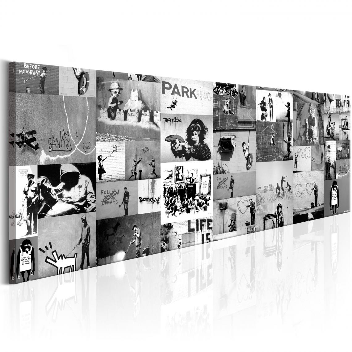 Decoshop26 - Tableau sur toile décoration murale image imprimée cadre en bois à suspendre Banksy: Collage Graffiti II 150x50 cm 11_0003480 - Tableaux, peintures