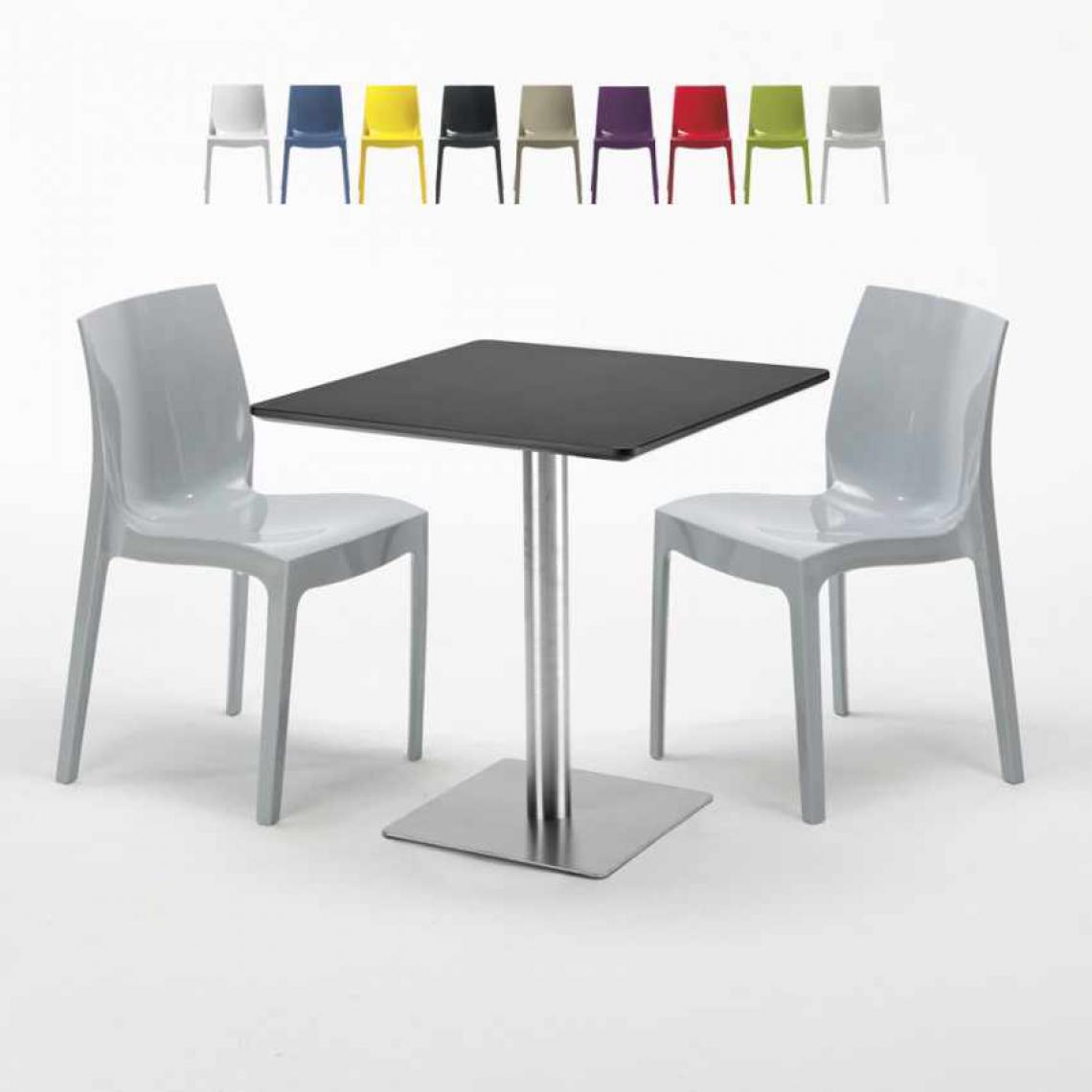 Grand Soleil - Table carrée noire 70x70 avec 2 chaises colorées Ice RUM RAISIN, Couleur: Gris - Tables à manger