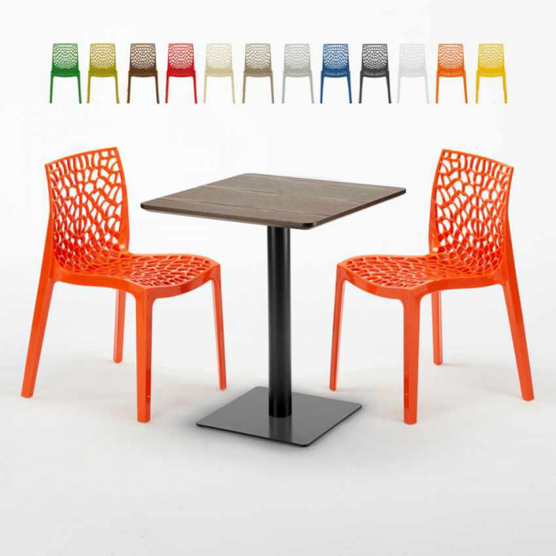 Grand Soleil - Table carrée 60x60 pied noir et surface bois avec 2 chaises colorées Gruvyer Kiss, Couleur: Orange - Tables à manger