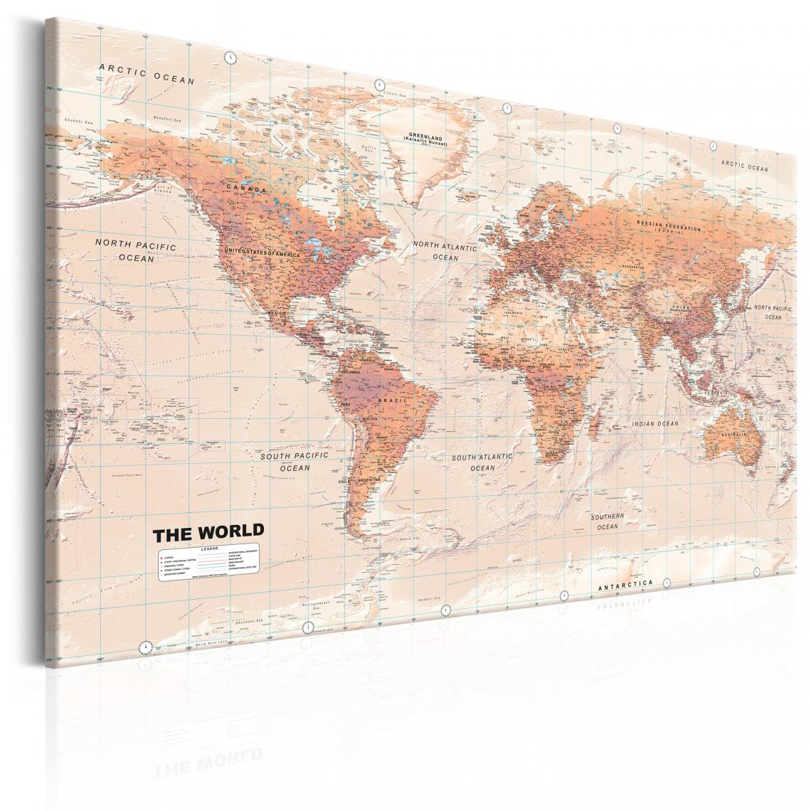 Decoshop26 - Tableau sur toile décoration murale image imprimée cadre en bois à suspendre Carte du monde : Monde orange 120x80 cm 11_0004595 - Tableaux, peintures