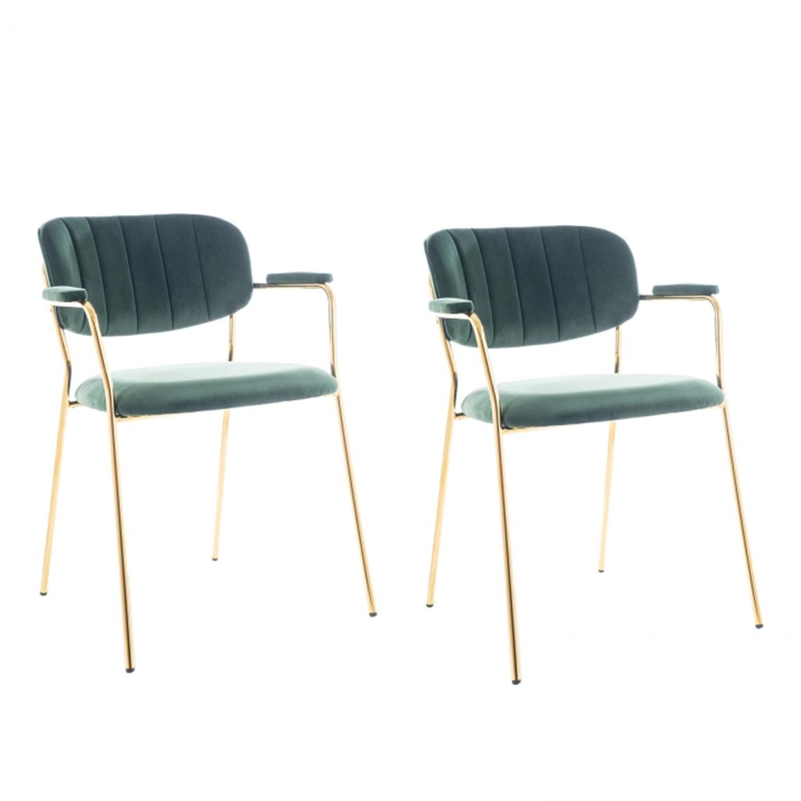 Hucoco - CARMO - Lot de 2 chaises matelassée avec accoudoirs - 80x49x55 cm - Cadre en métal - Tissu velours - Vert - Chaises