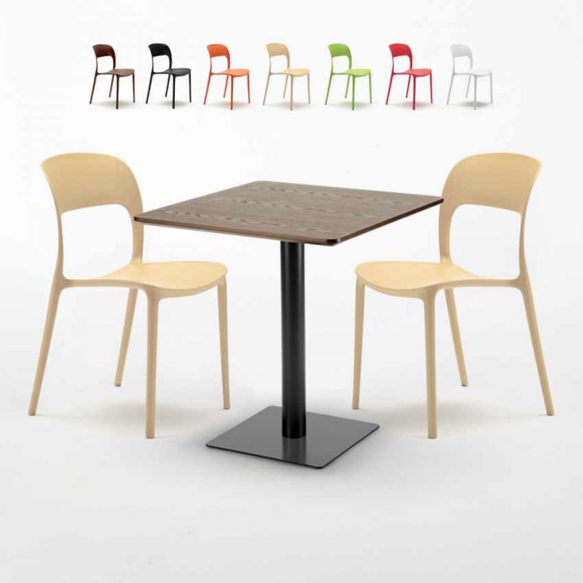 Ahd Amazing Home Design - Table carrée 60x60 pied noir et plateau bois avec 2 chaises colorées Restaurant Kiss, Couleur: Beige - Tables à manger