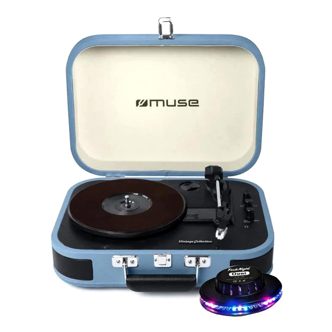 Muse - Platine vinyle - Muse MT-201BTB - stéréo bleue clair 33/45/78 tours avec enceintes intégrées - USB/SD/AUX - Lumière OVNI - Platine