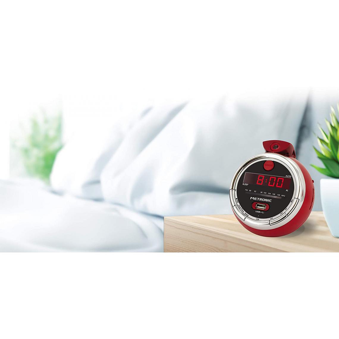 Metronic - radio Réveil Cherry FM USB avec projection de l'heure et double alarme rouge - Radio