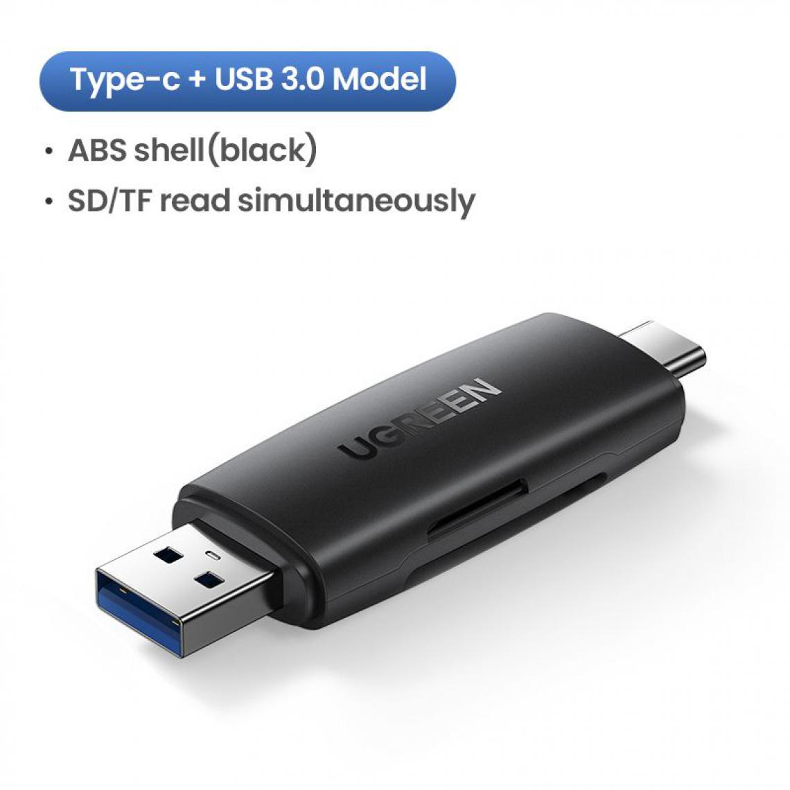 Generic -  Lecteur de Cartes Mémoire UGREEN  Intelligent, USB 3.0, Type C vers SD, Micro SD, TF, adaptateur pour PC - 2 * 7.5  cm - Gris  - Lecteur carte mémoire