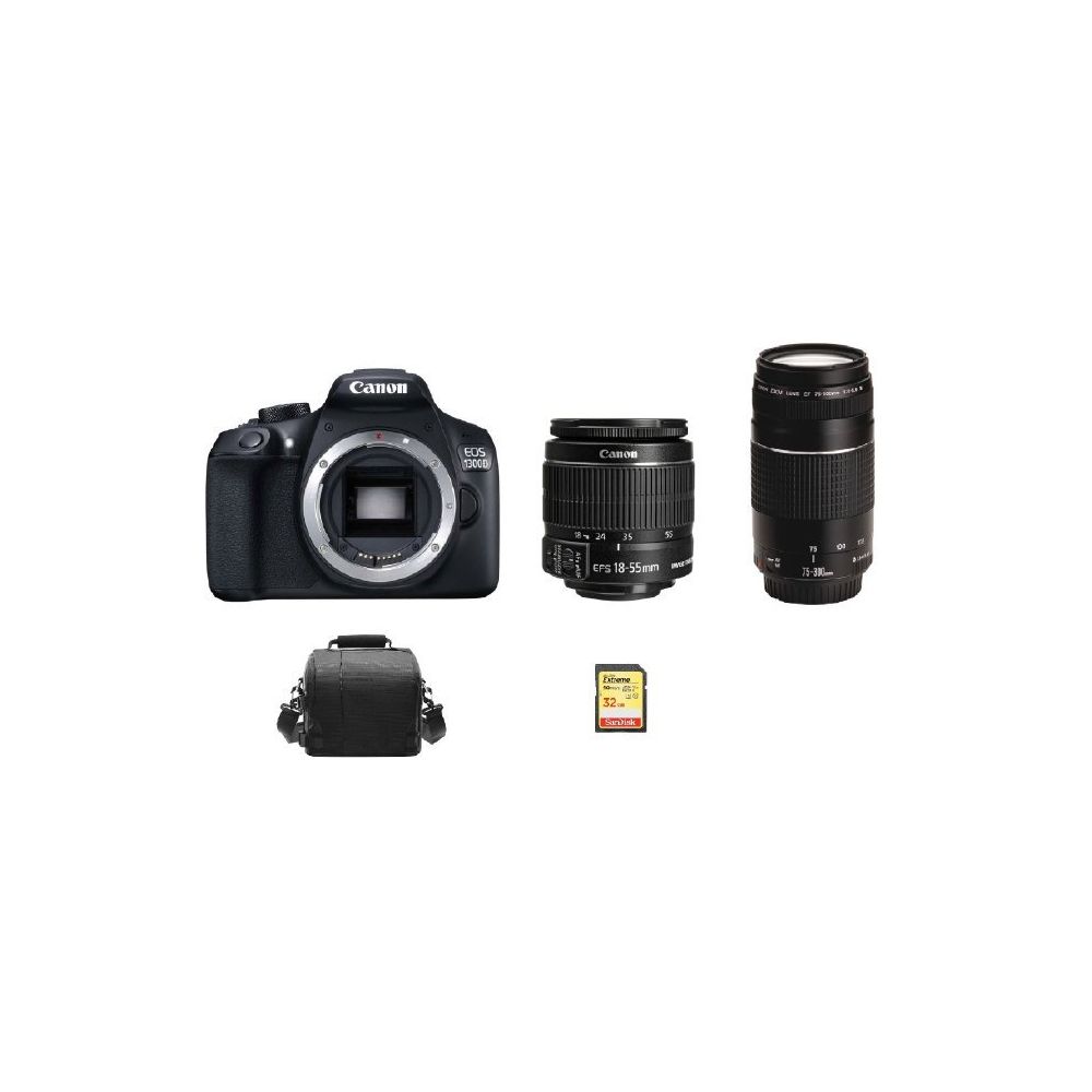Canon - CANON EOS 1300D KIT EF-S 18-55mm F3.5-5.6 IS II + EF 75-300mm F4-5.6 III + 32G SD card + camera Bag - Reflex Grand Public