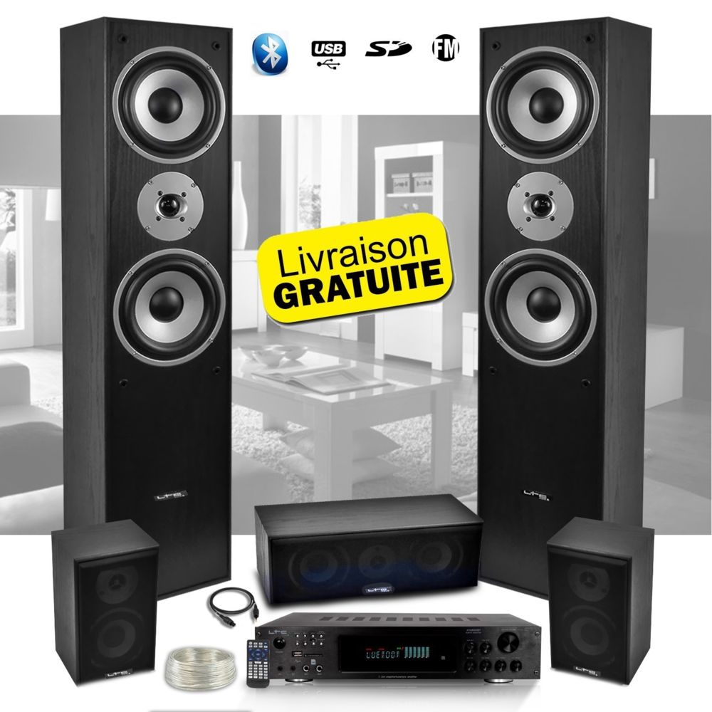 Ltc Audio - Ensemble 5 enceintes E1004 Noire Hifi / Home-Cinéma 850W LTC + Amplificateur ATM8000 Karaoke USB/BT/FM / 4 x75W + 3 x20W - Pack Enceintes Home Cinéma