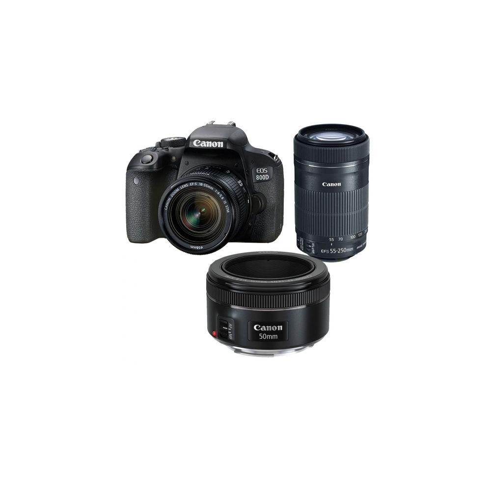 Canon - CANON EOS 800D KIT EF-S 18-55mm F4-5.6 IS STM+ EF-S 55-250mm F4-5.6 IS STM + EF 50mm F1.8 STM - Reflex Grand Public