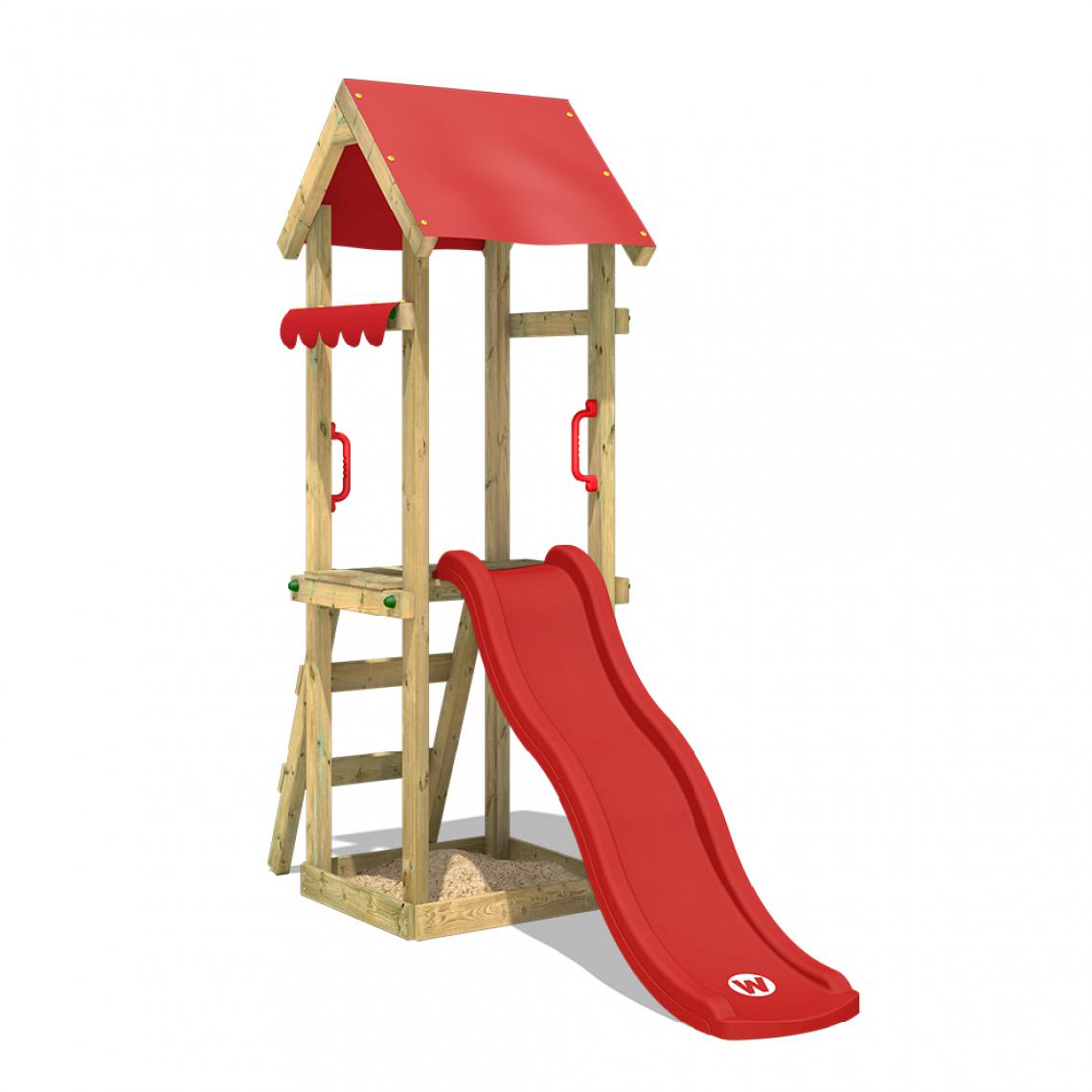 Wickey - Aire de jeux Portique bois TinySpot rouge Maison enfant extérieure avec bac à sable, échelle d'escalade & accessoires de jeux - Aire de jeux