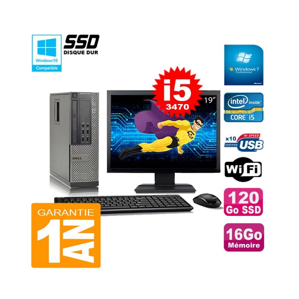 Dell - PC DELL 7010 SFF Core I5-3470 16Go Disque 120Go SSD Graveur Wifi W7 Ecran 19"""" - PC Fixe
