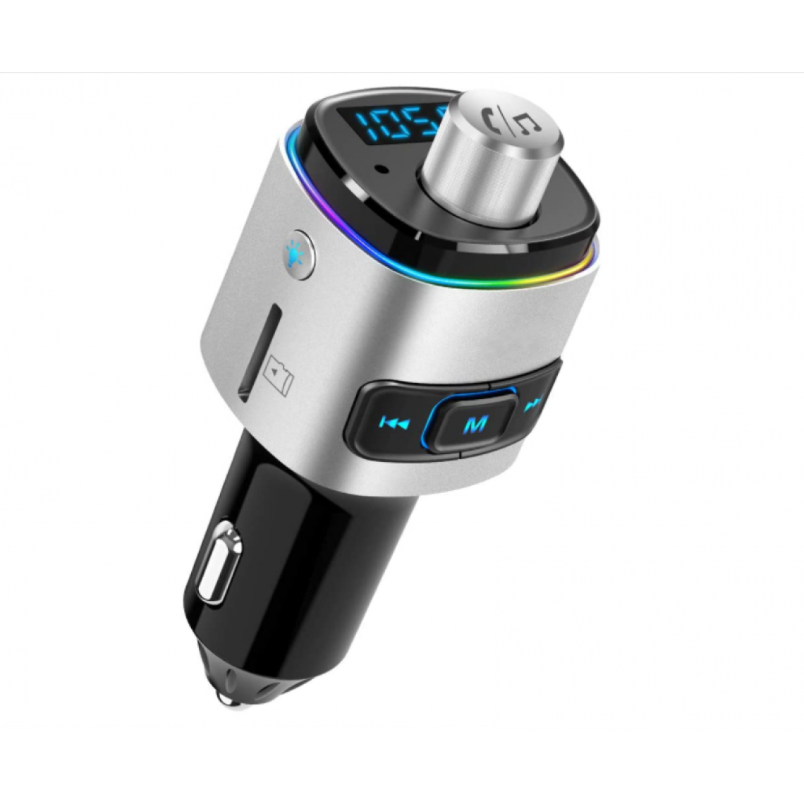 Chrono - Émetteur FM Bluetooth pour voiture, adaptateur de voiture Bluetooth rétroéclairé à 7 couleurs LED avec charge QC3.0, prise en charge de l'assistant Siri Google, clé USB, carte microSD, kit de voiture mains libres(Argent) - Enceintes Hifi