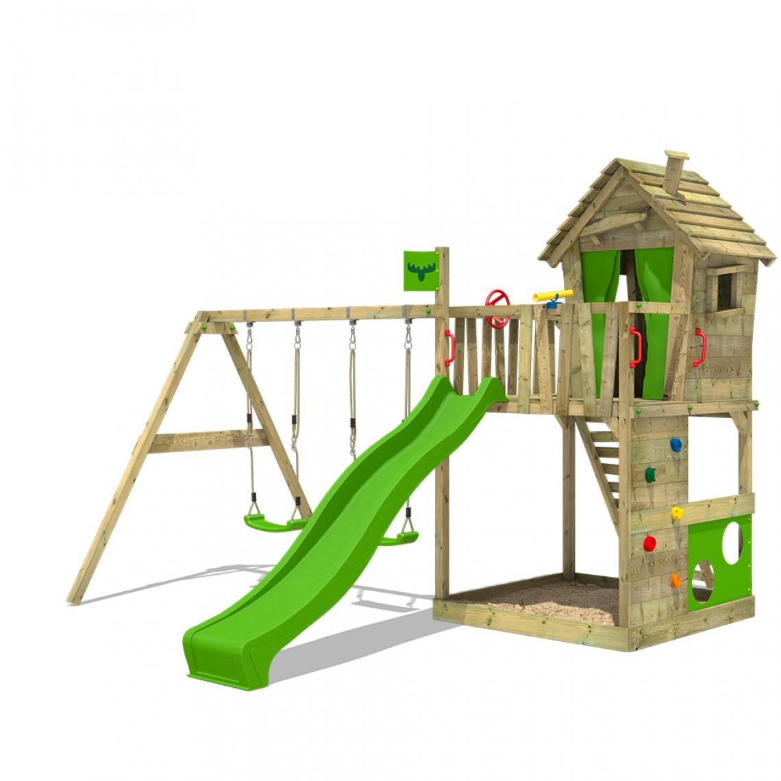 Fatmoose - Aire de jeux Portique bois HappyHome avec balançoire et toboggan vert pomme Maison enfant extérieure avec bac à sable, échelle d'escalade & accessoires de jeux - Aire de jeux