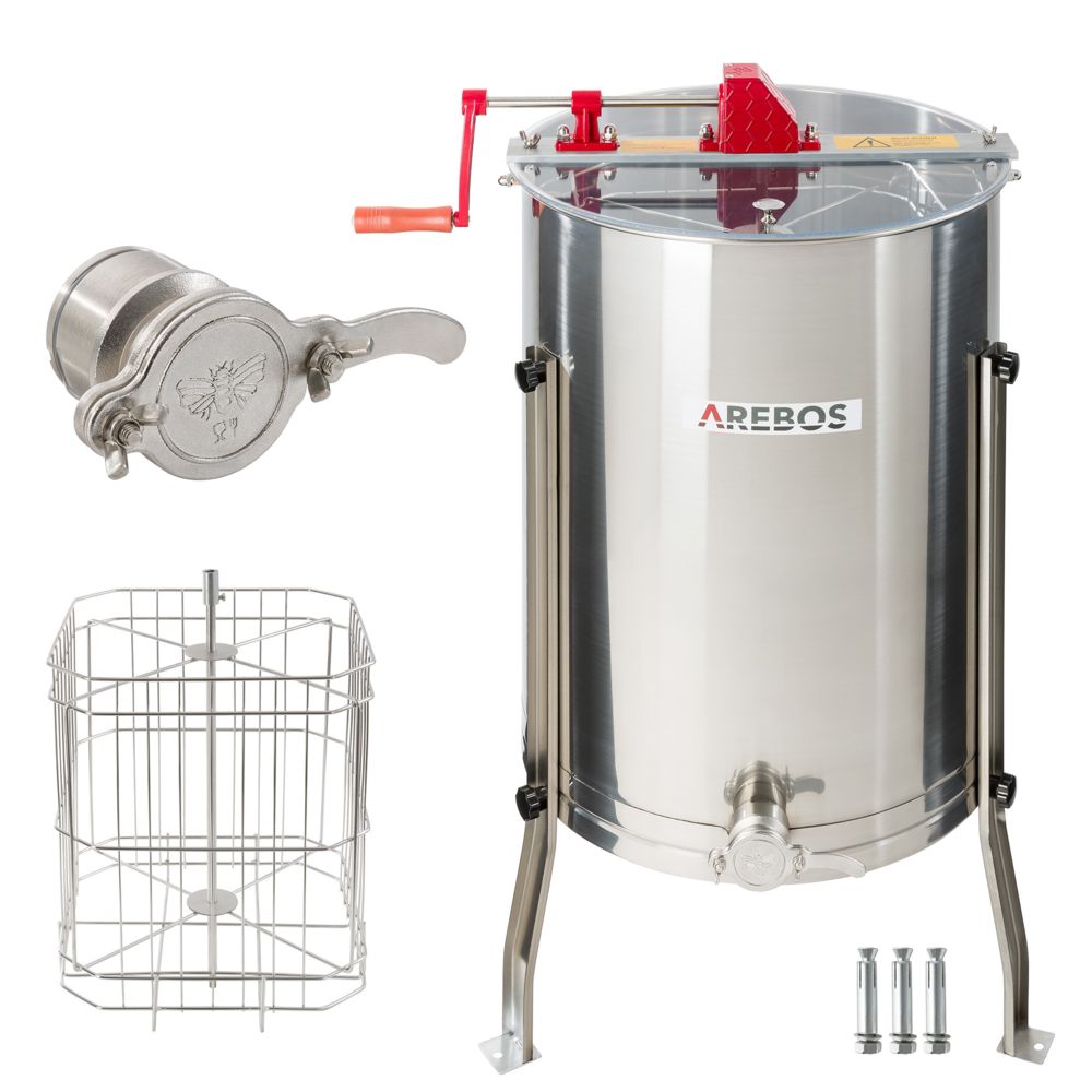 Arebos - AREBOS Extracteur de Miel Manuel 4 Cadres Acier Inoxydable Apiculteur Robinet Premium - Extracteur à miel