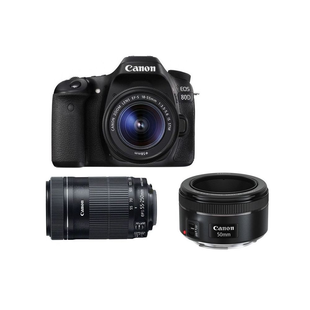 Canon - CANON EOS 80D KIT EF-S 18-55mm F3.5-5.6 IS STM + EF-S 55-250mm F4-5.6 IS STM (White Box) + EF 50mm F1.8 STM - Reflex Grand Public