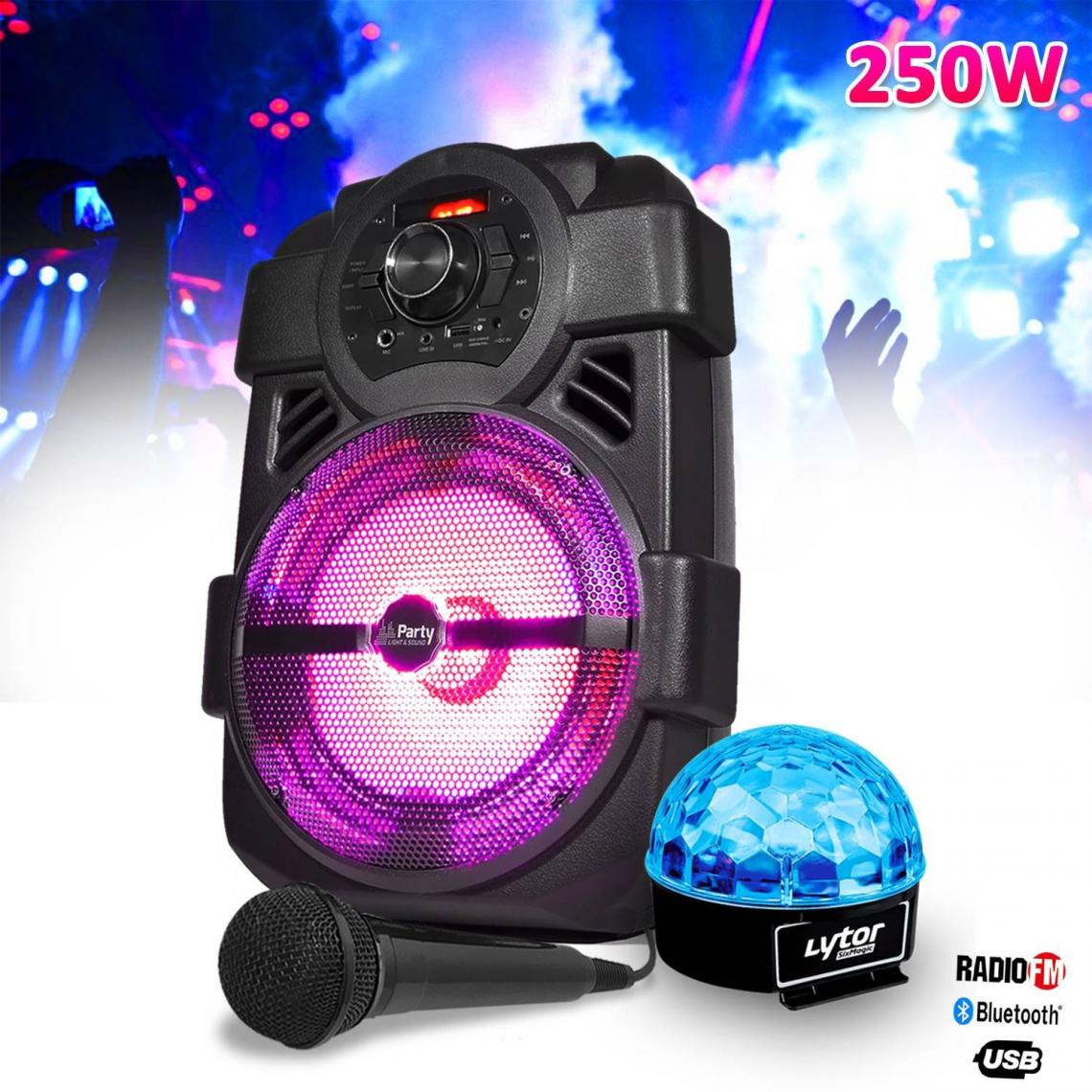 Party Light & Sound - Enceinte karaoke mobile 250W 8" USB/BT/FM + Jeu de lumière Effet Astro à LED + Micro - Enceinte nomade