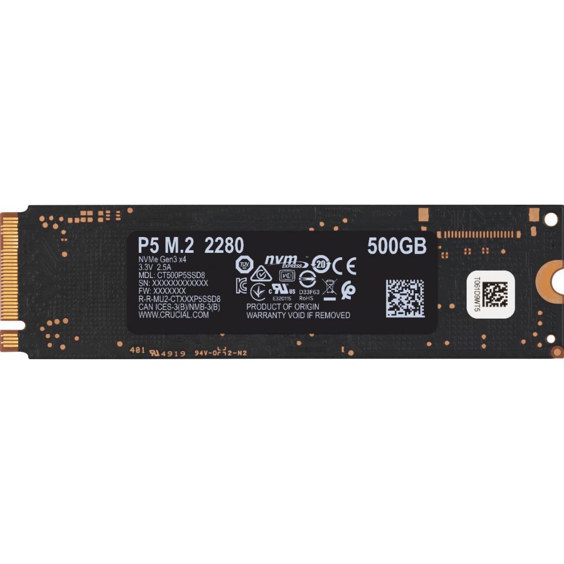 Crucial - P5 3D NAND - 500 Go - M.2 NVMe PCIe - SSD Interne