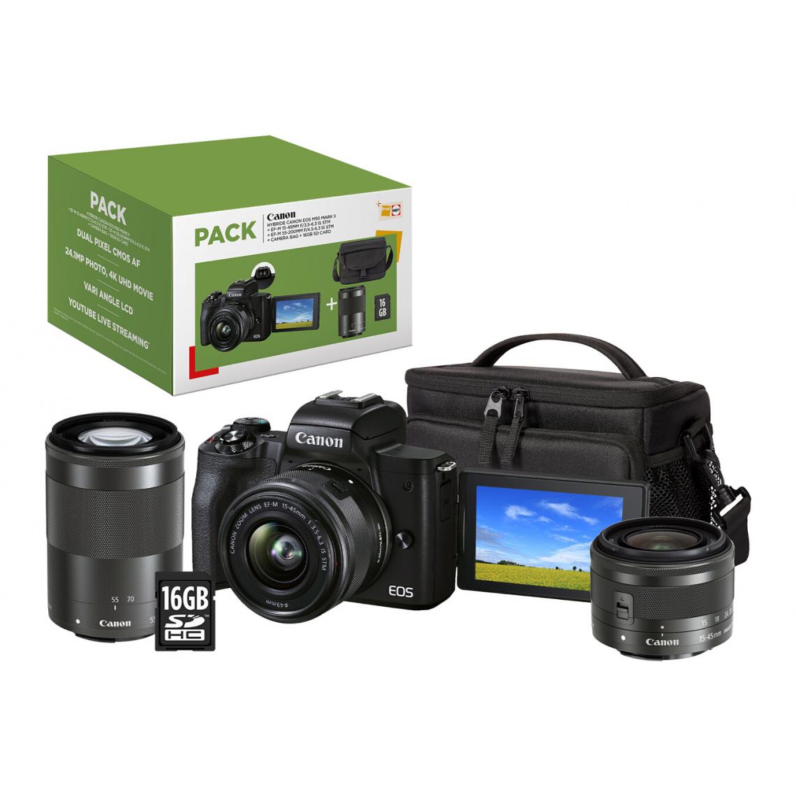 Canon - Pack EOS M50 Mark II Noir + EF-M 15-45 mm f/3.5-6.3 IS STM + EF-M 55-200 mm f/4.5-6.3 IS STM Noir + Etui + Carte SD 16 Go - Appareil compact