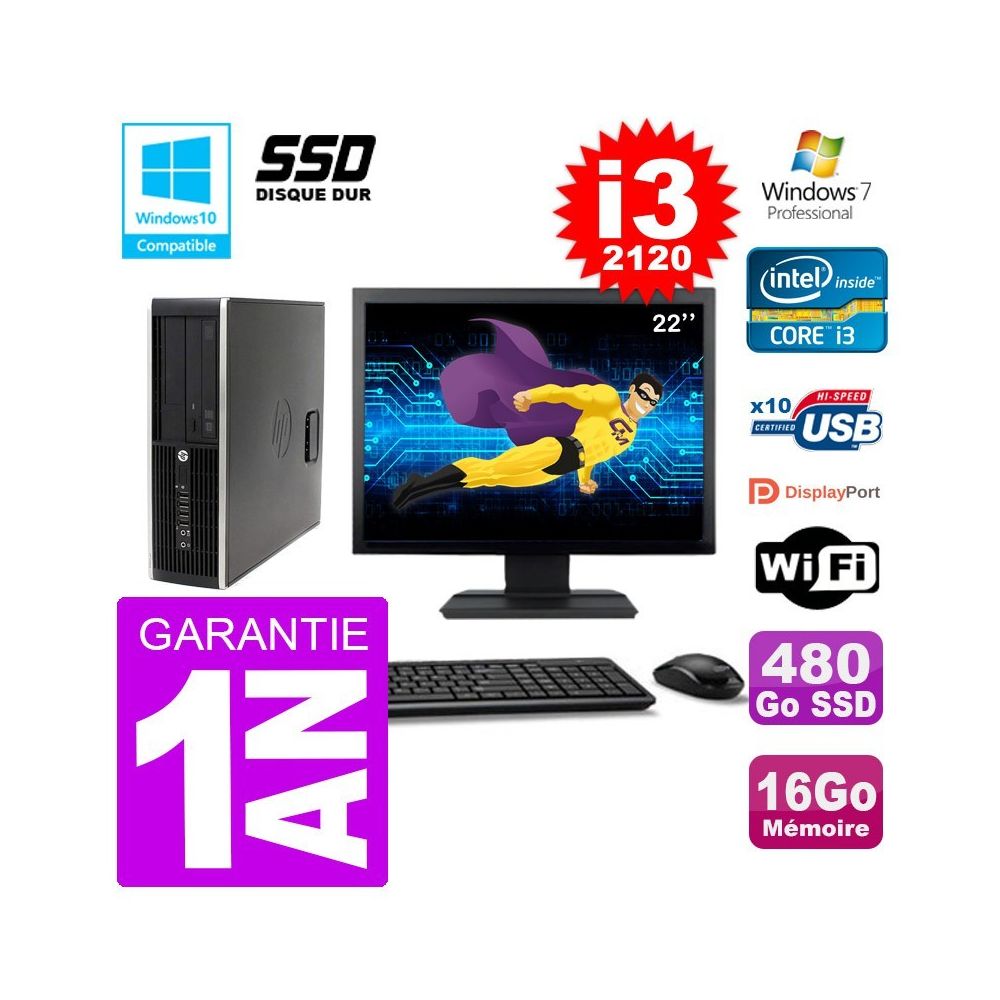 Hp - PC HP 6200 SFF Ecran 22"" Intel i3-2120 RAM 16Go SSD 480Go Graveur DVD Wifi W7 - PC Fixe