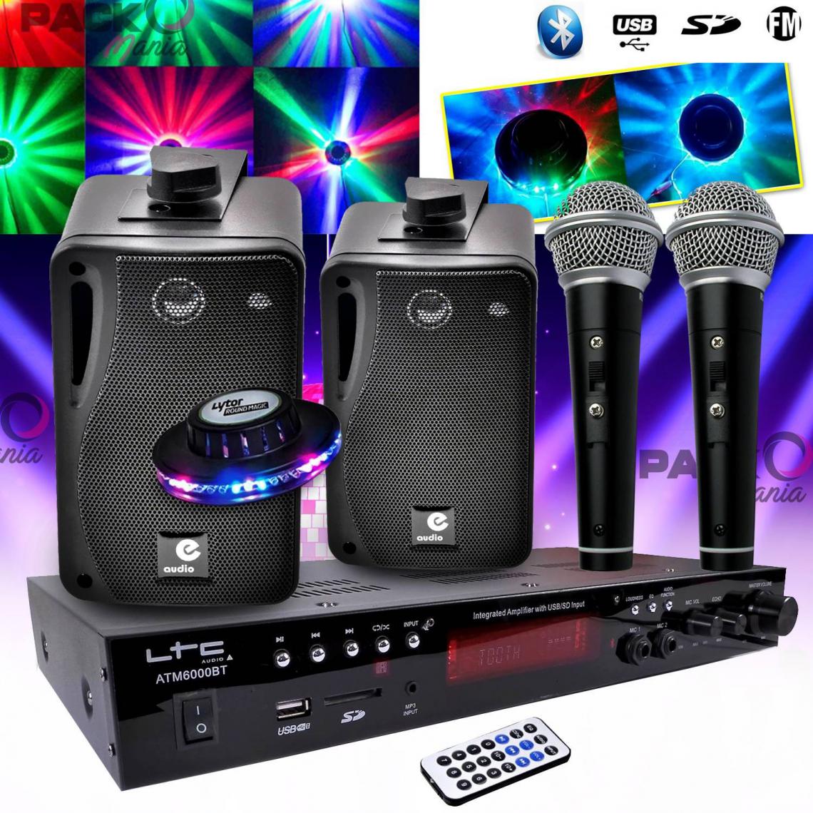 Ltc Audio - Karaoké enfant Hi-Fi 100W + 2 micros USB SD Bluetooth + Radio FM + Câbles + Effet OVNI LED RVB - Enceintes Hifi