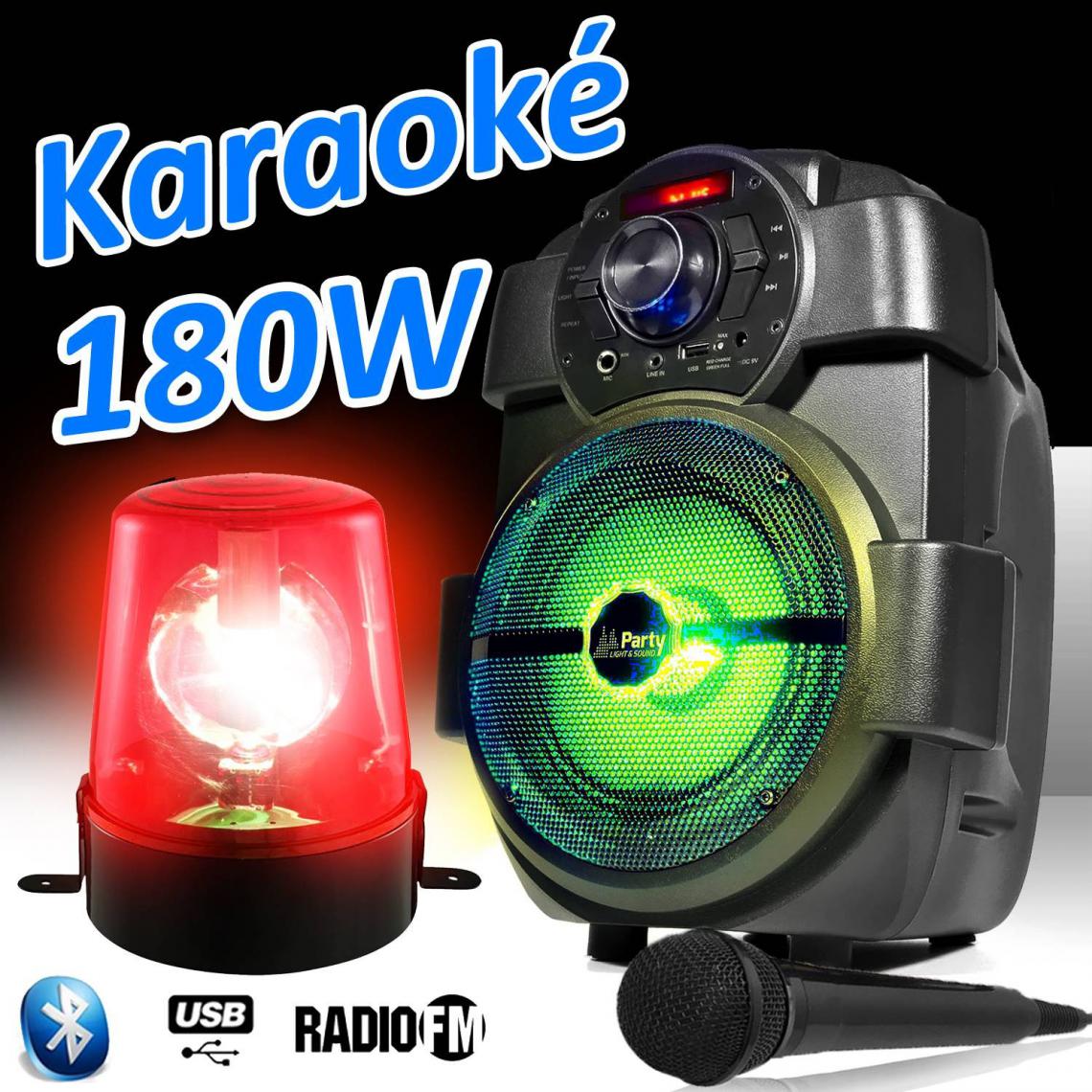Party Sound - ENCEINTE PARTY KARAOKE 180W portable Batterie MICRO HANDY180 avec USB/BLUETOOTH/ RADIO FM + Gyrophare Rouge - Enceintes Hifi