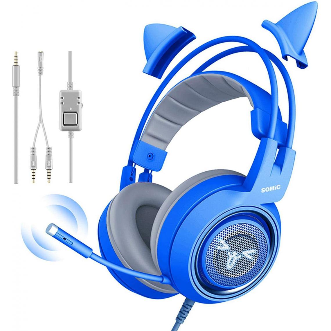 Chrono - Casque de jeu stéréo bleu avec micro et réduction du bruit - Casque stéréo détachable avec oreilles de chat(bleu) - Casques de réalité virtuelle