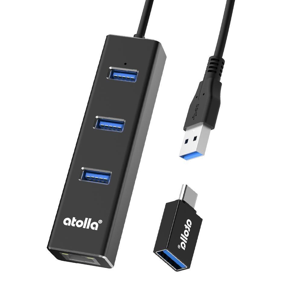 Atolla - Atolla Hub portable USB 3.0 enfichable avec Ethernet - Hub 3 ports alimenté par USB 3.0 avec Ethernet Gigabit compatible avec Windows, MacBook, Linux, Chrome OS (comprend un adaptateur USB de type A à type C) ï¼301Cï¼ - Hub