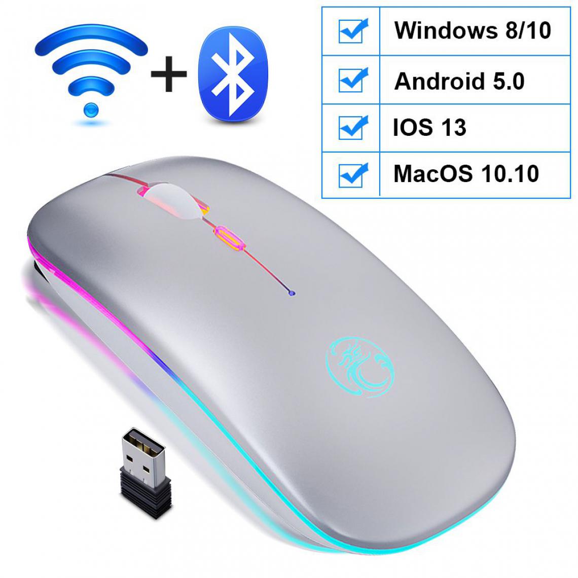 Generic - Souris sans fil connectivité Bluetooth, rechargeable et rétroéclairé par LED RGB,  Compatible avec Window ,  Mac OS / IOS et Android 5.0 , 11.2  *5.7 * 2.5 cm - Blanc  - Souris
