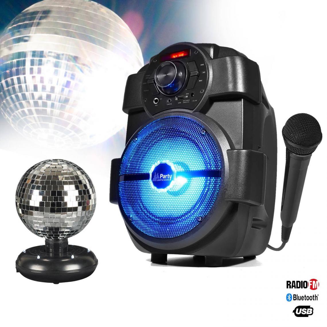 Party Light & Sound - Enceinte karaoke batterie 180W - USB/BLUETOOTH/RADIO + Boule à facettes rotative + Micro - Enceinte nomade