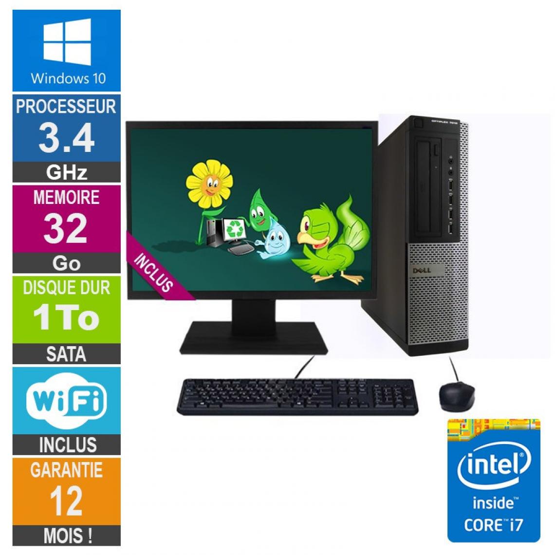 Dell - PC Dell 7010 DT Core i7-3770 3.40GHz 32Go/1To Wifi W10 + Ecran 22 - PC Fixe