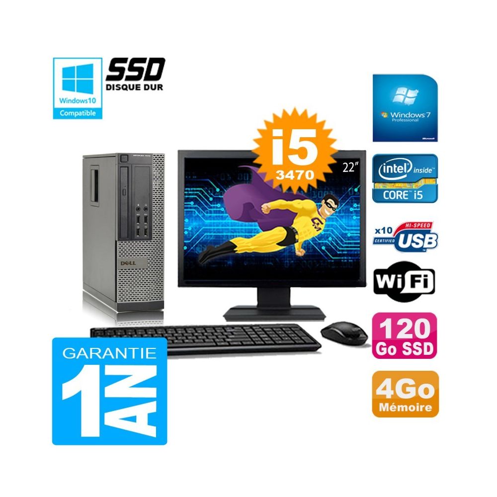 Dell - PC DELL 7010 SFF Core I5-3470 Ram 4Go Disque 120Go SSD Graveur Wifi W7 Ecran 22"""" - PC Fixe