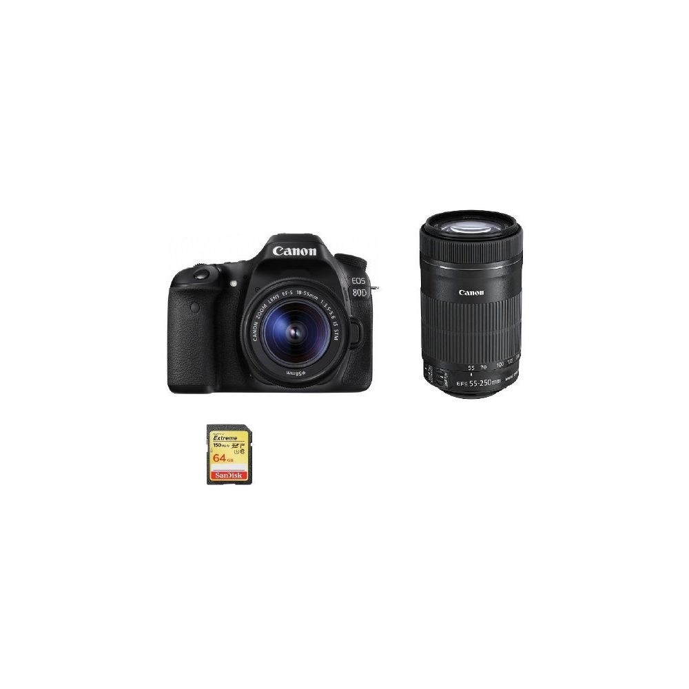 Canon - CANON EOS 80D KIT EF-S 18-55mm F3.5-5.6 IS STM + EF-S 55-250mm F4-5.6 IS STM (White Box) + 64GB SD card - Reflex Grand Public