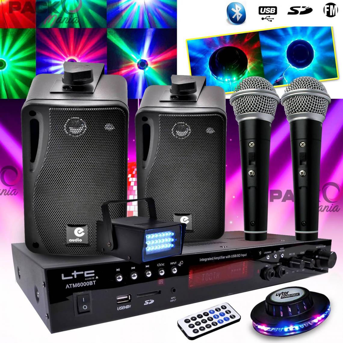Ltc Audio - Karaoké enfant Hi-Fi 100W + 2 micros USB SD Bluetooth + Radio FM + Câbles + Effet OVNI LED RVB + mini Strobe - Enceintes Hifi