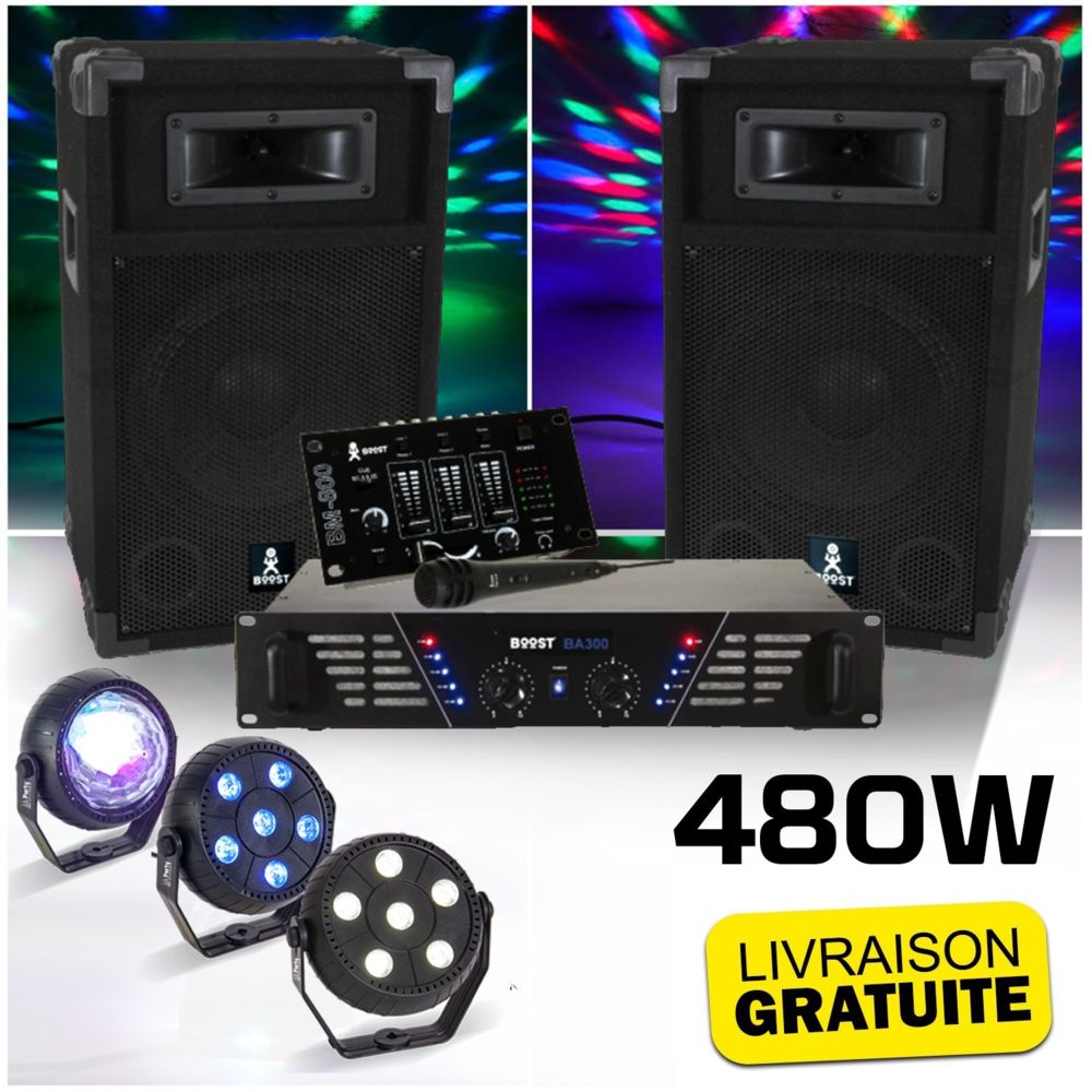 Boost - BOOST DJ-300 Pack sonorisation avec Enceintes Table de mixage Amplificateur 480W + Pack de 3 jeux lumière à led PARTY-TRIFX - Packs DJ