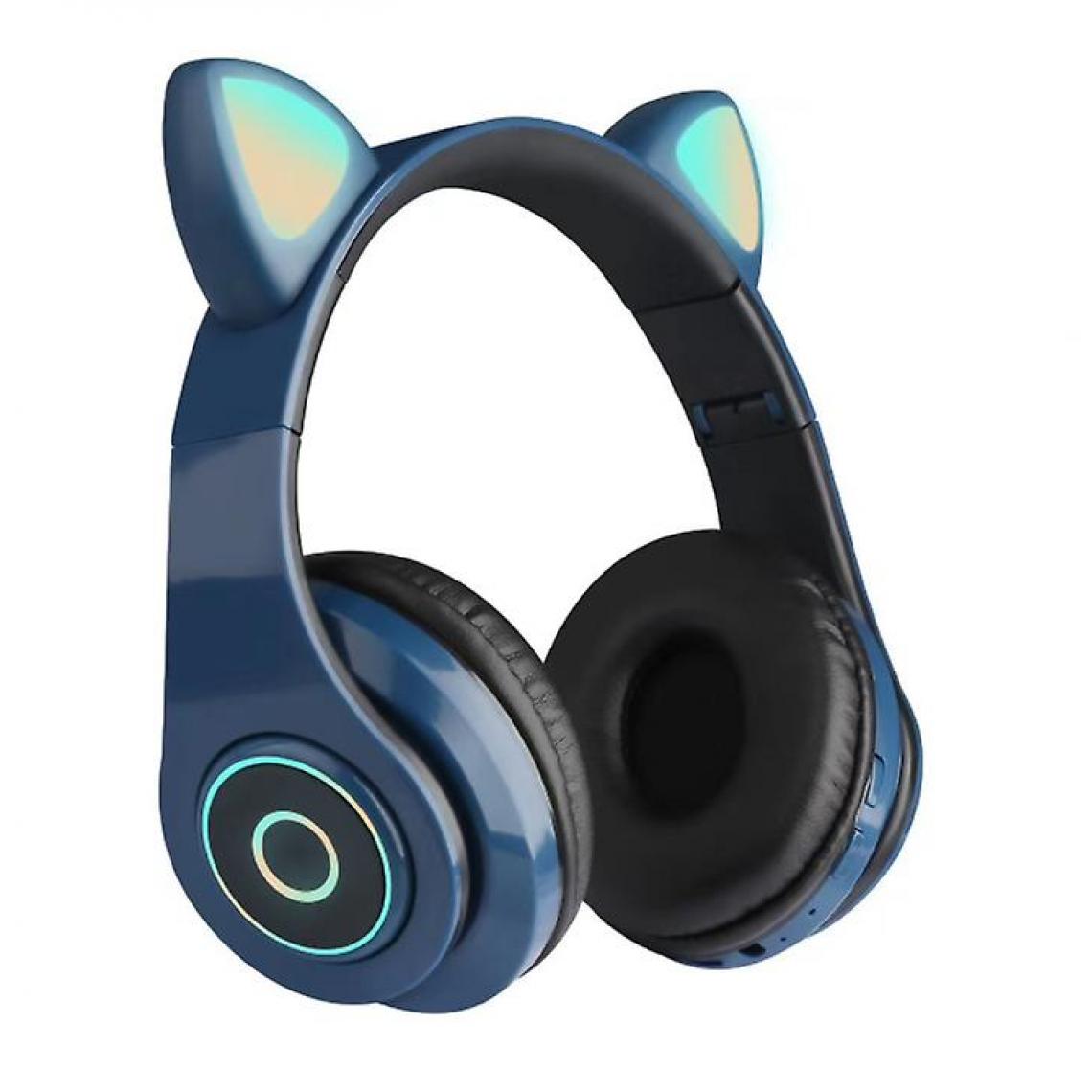 Universal - Casque Bluetooth sans fil à oreilles de chat coloré et lumineux avec stéréo d'alimentation (bleu) - Micro-Casque