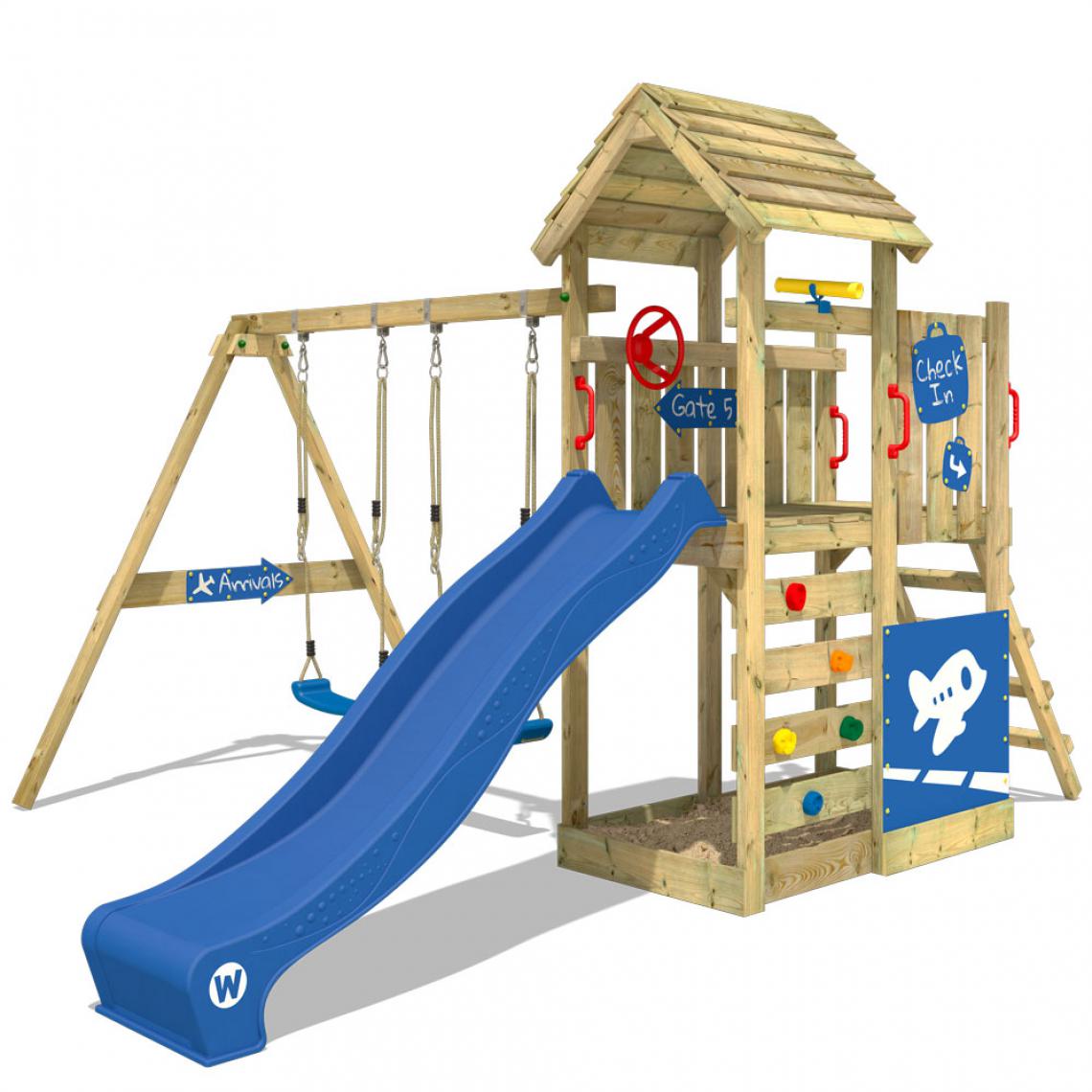 Wickey - Aire de jeux Portique bois MultiFlyer Deluxe avec balançoire et toboggan bleu Maison enfant extérieure avec bac à sable, échelle d'escalade & accessoires de jeux - Aire de jeux