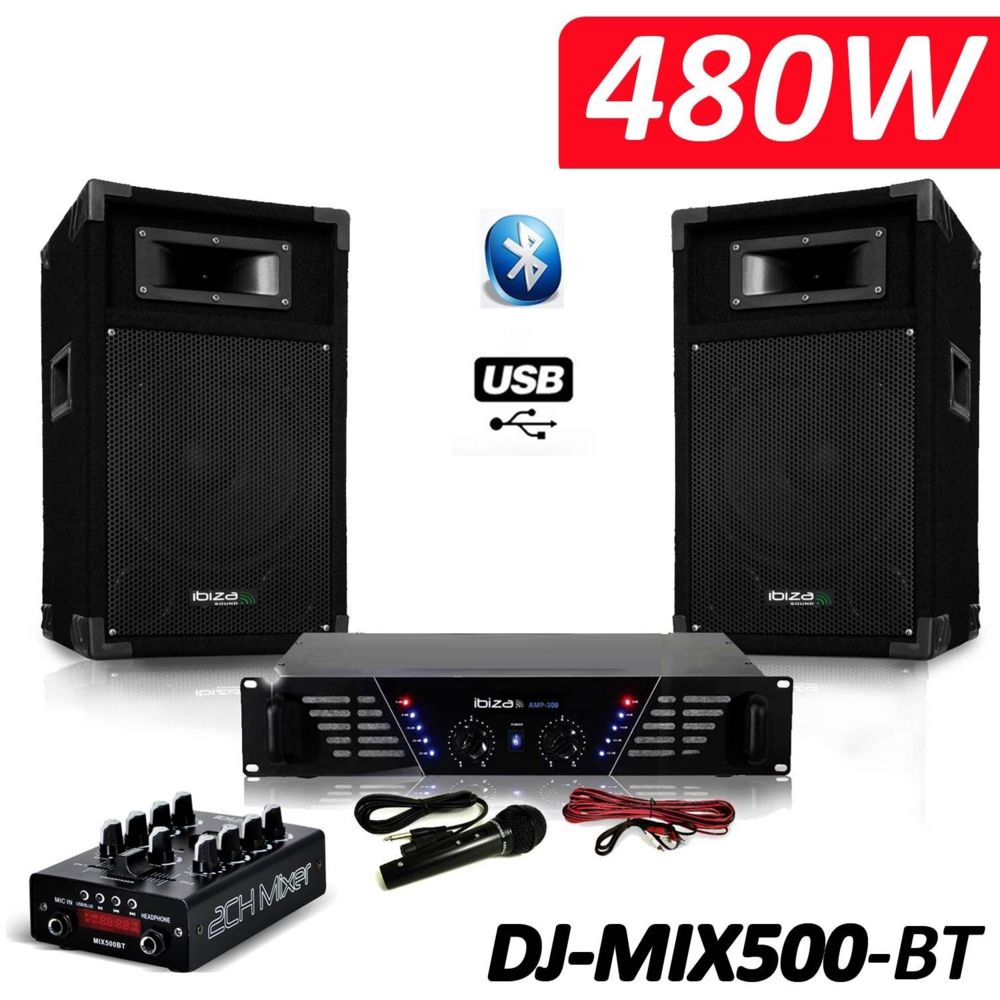 Ibiza Sound - Pack Sono complet DJ-MIX500-BT ampli + enceintes 500W + Table de mixage USB Bluetooth Micro + Câbles - Packs sonorisation