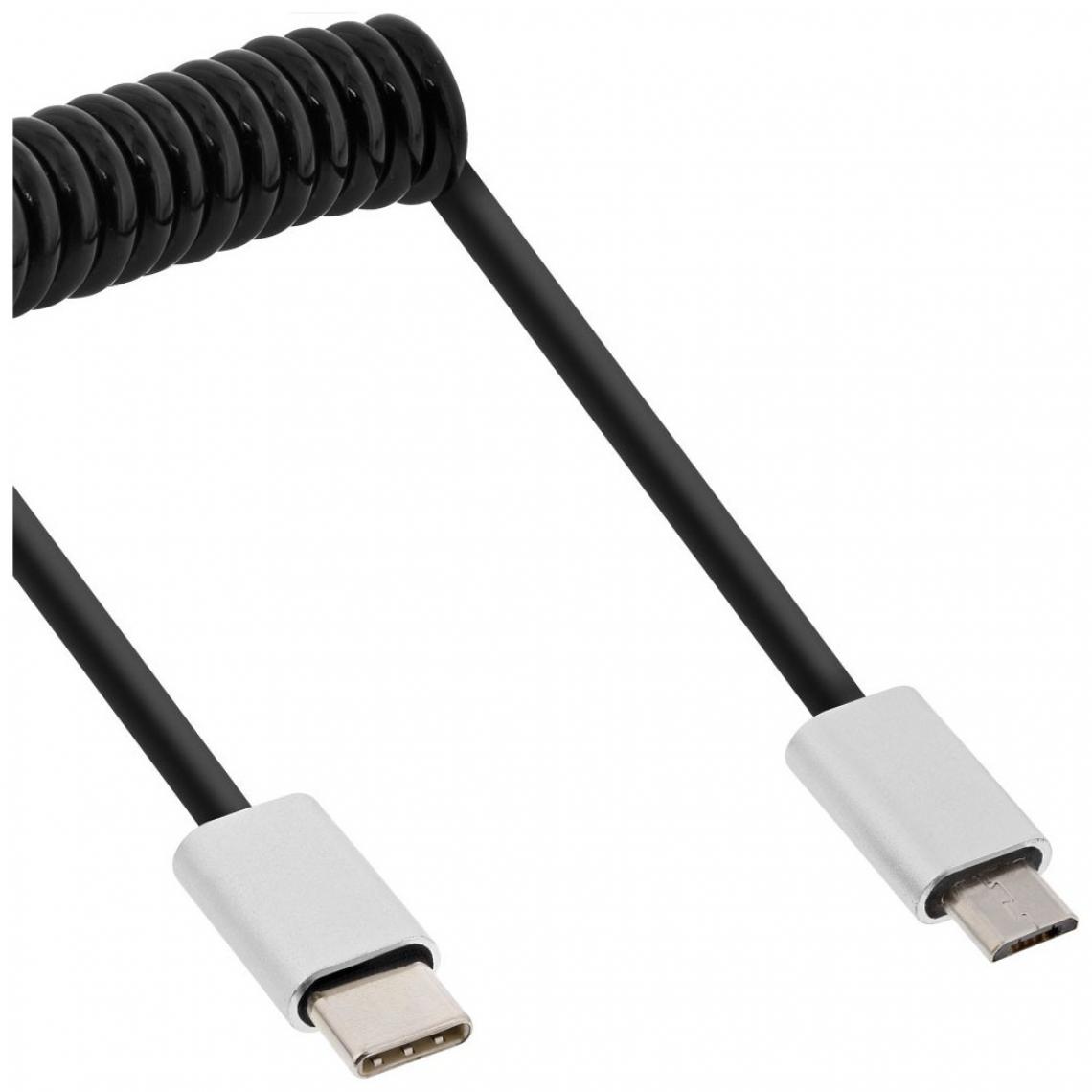 Nedis - Câble spiralé InLine® USB 2.0, fiche type C à fiche Micro-B, noir / alu, flexible, 2 m - Câble antenne