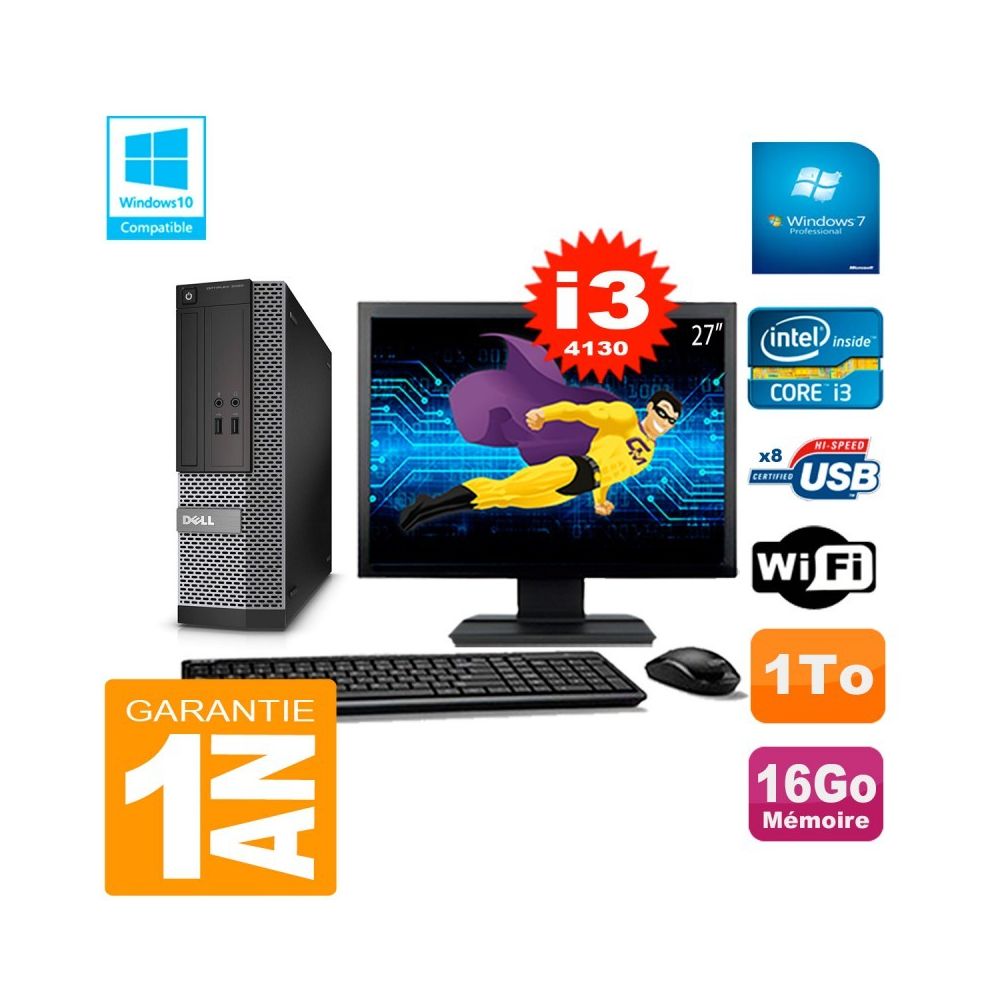 Dell - PC DELL 3020 SFF Ecran 27"" Core I3-4130 RAM 16Go Disque 1 To Wifi W7 - PC Fixe
