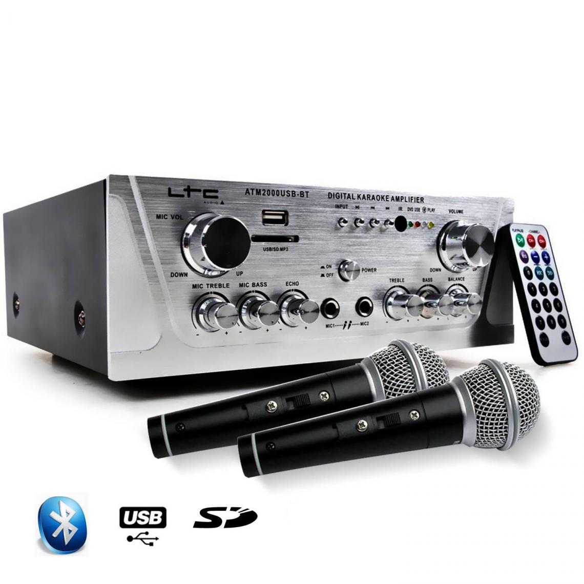 Ltc Audio - Amplificateur HIFI Stéréo KARAOKE USB/BLUETOOTH/SD 2x50W + 2 Microphones noir/silver - Ampli