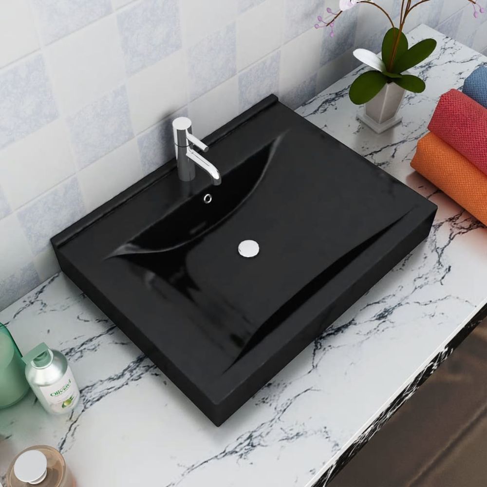 Uco - Vasque à poser en céramique noir perçage pour la robinetterie 60x46cm - Lavabo
