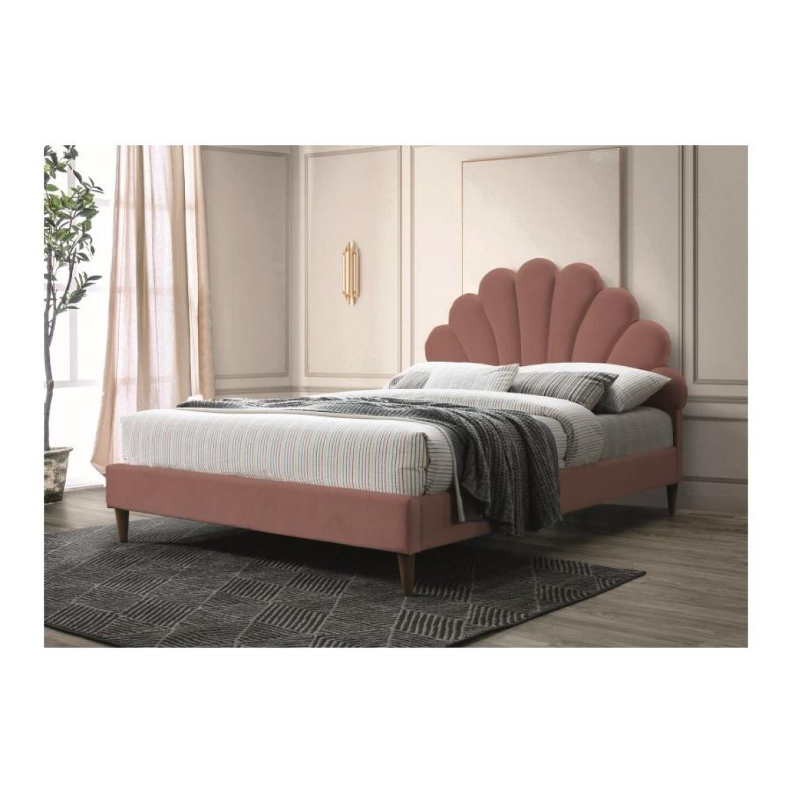 Hucoco - SANTYNA - Lit rembourré chambre à coucher - 170x211 cm - Rembourré de tissu - Pieds en bois - Tête forme coquille - Rose - Lit enfant