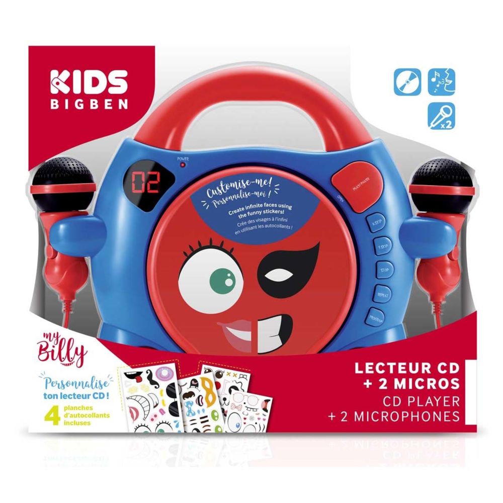 Bigben Interactive - Lecteur CD Portable avec 2 micros - Bleu et rouge + STICKERS - Chaînes Hifi