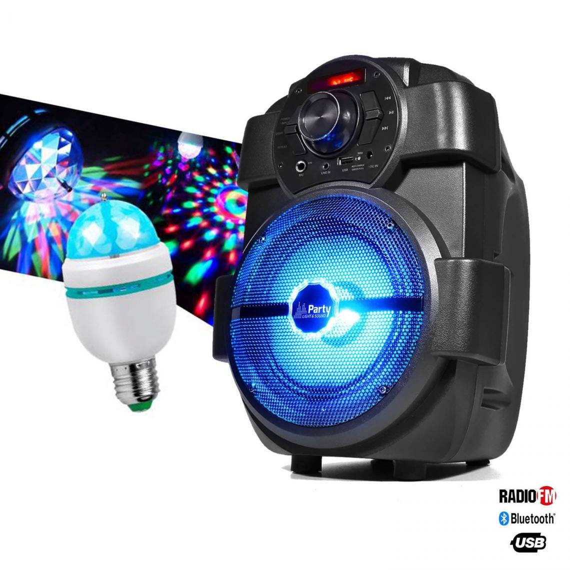 Party Light & Sound - Enceinte karaoke batterie 180W - USB/BLUETOOTH/RADIO + Ampoule d'ambiance 3 couleurs - Enceinte nomade