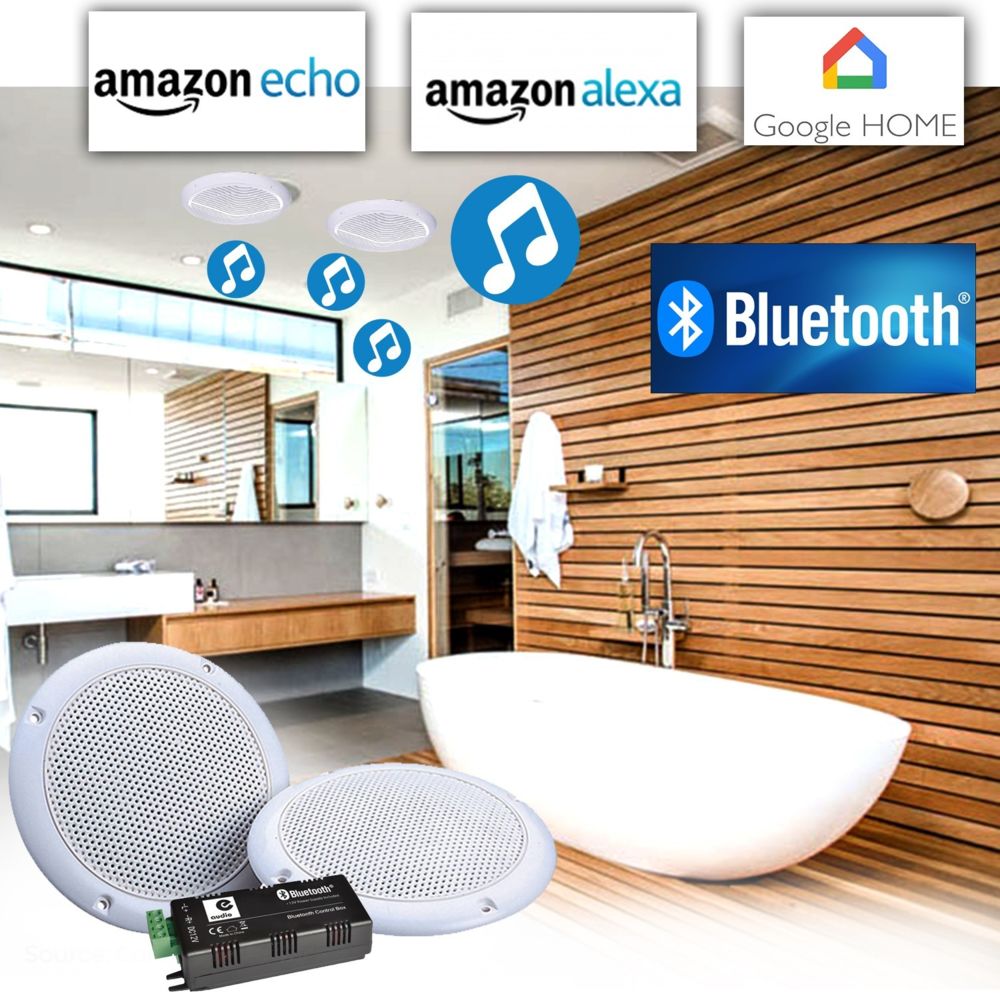 E-Audio - Haut-parleurs 80W plafond encastrable WATERPROOF Hifi amplifiée compatible Smartphone Google Home Bluetooth Amazon Alexa Echo - Hauts-parleurs