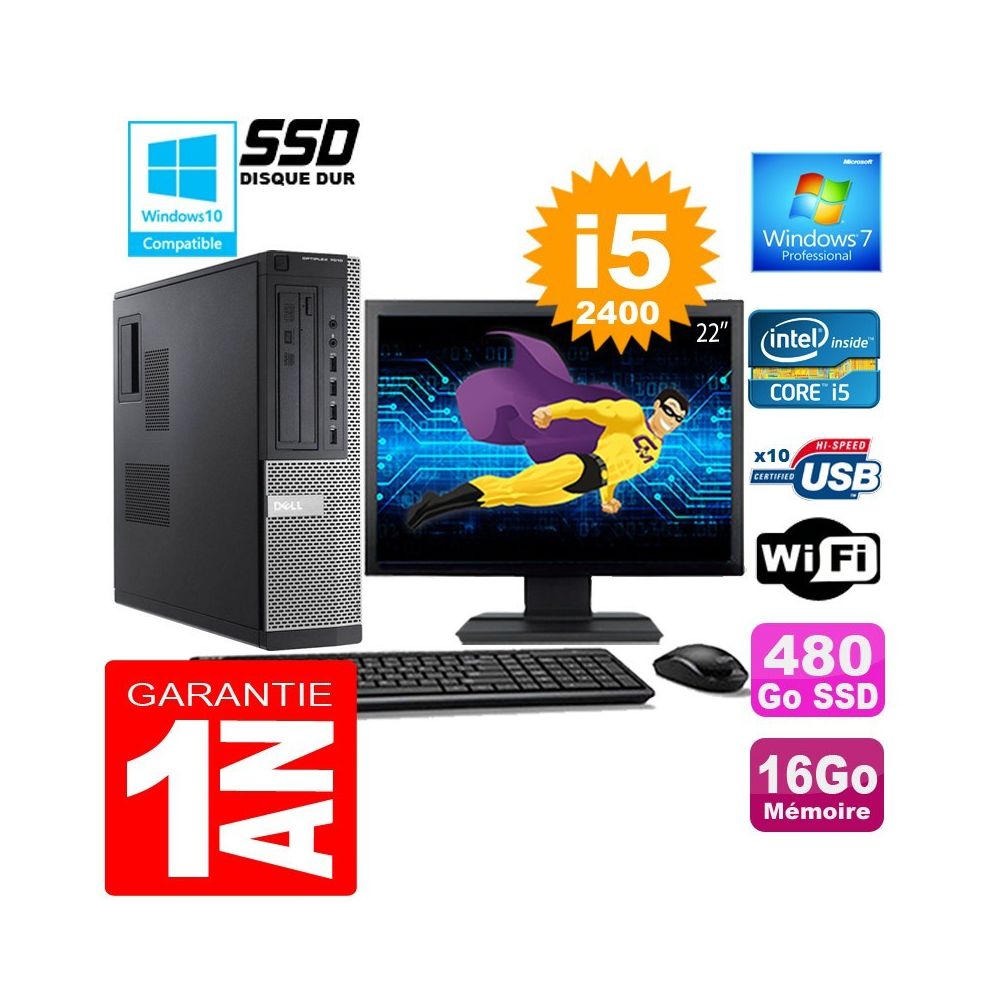 Dell - PC DELL 7010 DT Core I5-2400 Ram 16Go Disque 480 Go SSD Wifi W7 Ecran 22"" - PC Fixe