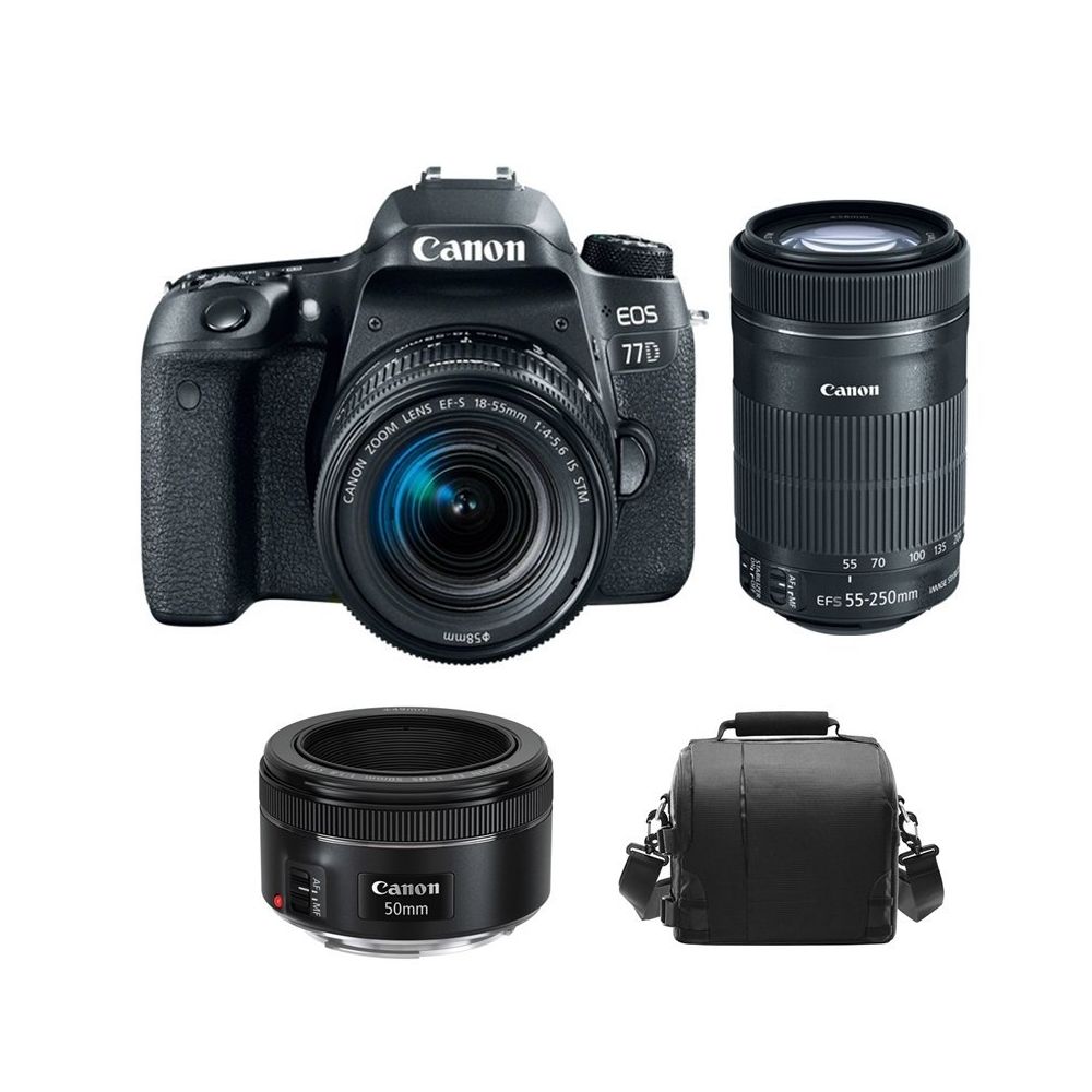 Canon - CANON EOS 77D KIT EF-S 18-55mm F4-5.6 IS STM + EF-S 55-250mm F4-5.6 IS STM (White Box) + EF 50mm F1.8 STM + Canon Bag - Reflex Grand Public
