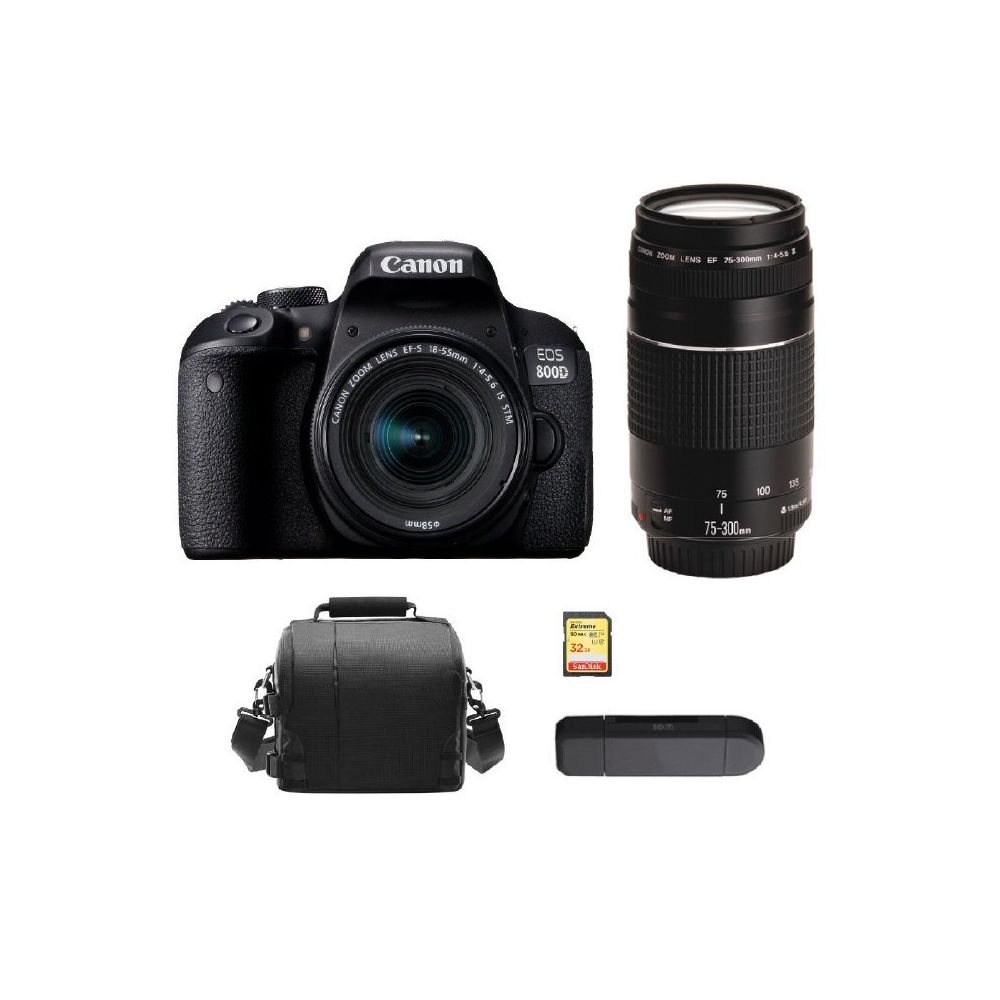 Canon - CANON EOS 800D KIT EF-S 18-55mm F4-5.6 IS STM+ EF 75-300mm F4-5.6 III + 32GB SD card + camera Bag + Memory Card Reader - Reflex Grand Public