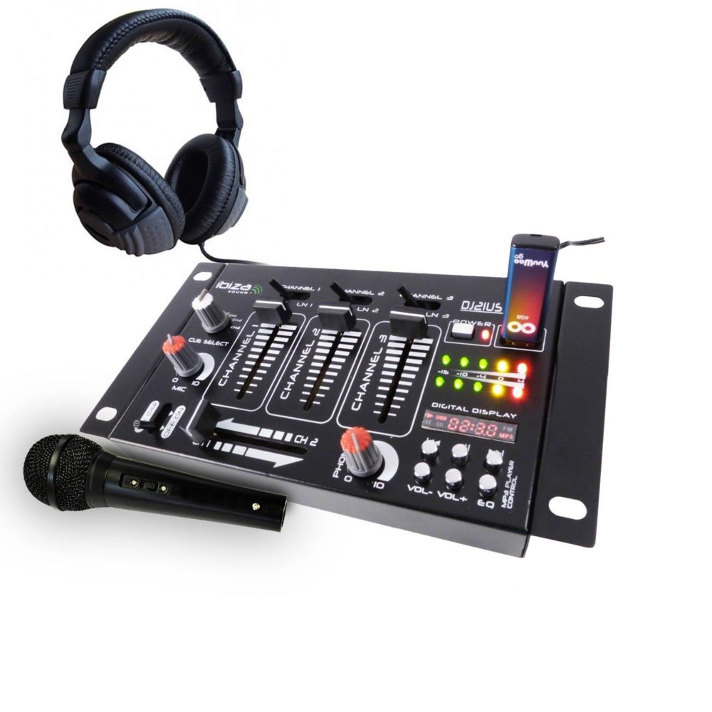 Ibiza Sound - Pack table de mixage 4 voies 7 entrées USB + casque + micro noir - Tables de mixage